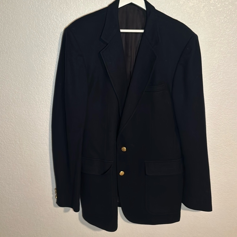 Vintage Stanley Blacker Navy Wool 2 Button Blazer With Ornate Gold Buttons